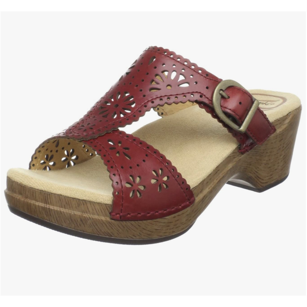 Dansko Red Leather Laser-Cut Slide Sandal with Wood-Look Heel